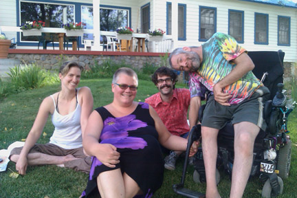 sadie wilcox, bart andronicus, neil marcus and petra kuppers at Sierra Hot Springs Olimpias retreat, hanging out